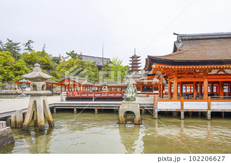 厳島神社の狛犬、客神社、五重塔を望む 102206627