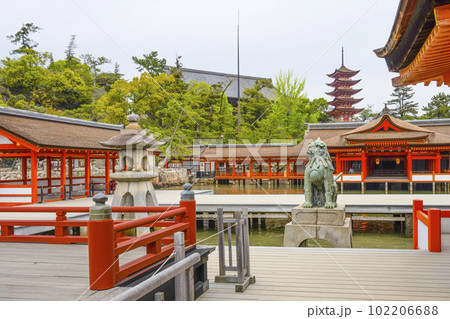 厳島神社　狛犬・客神社・五重塔を望む 102206688