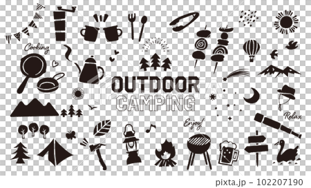 Vector icon illustration material set of camping goods, outdoor equipment and leisure. simple monochrome 102207190