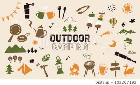 キャンプグッズ、アウトドア用品とレジャーのベクターアイコンイラスト素材セット。シンプルカラー 102207192