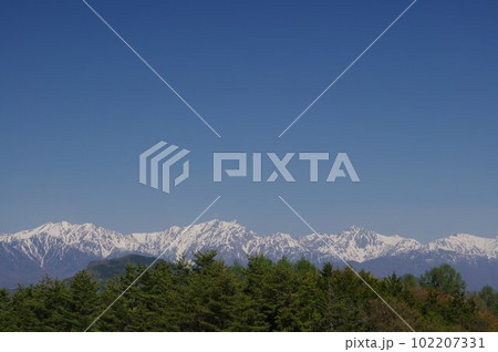 信州長野　大岡アルプス展望公園からの北アルプスの眺望（春） 102207331