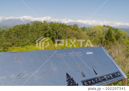 信州長野　大岡アルプス展望公園からの北アルプスの眺望（春） 102207341