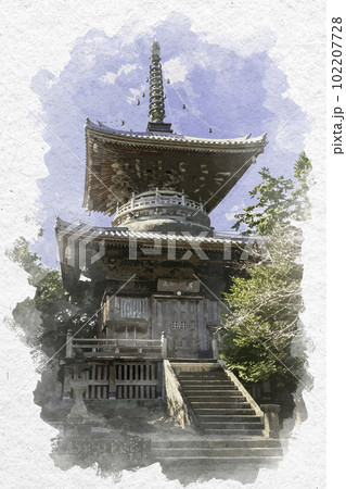 水彩画風 四国八十八箇所1番 霊山寺 多宝塔 徳島県鳴門市 水彩画風 四国八十八箇所1番 霊山寺 多宝塔 徳島県鳴門市 102207728