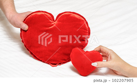 Female and male hands hold red heart pillow, Valentine's Day greeting card Female and male hands hold red heart pillow, Valentine's Day greeting card 102207905
