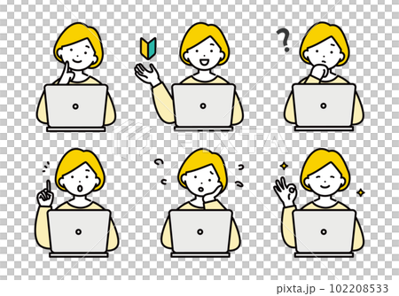 Facial expression illustration set of a woman operating a personal computer, housewife, office worker Facial expression illustration set of a woman operating a personal computer, housewife, office worker 102208533