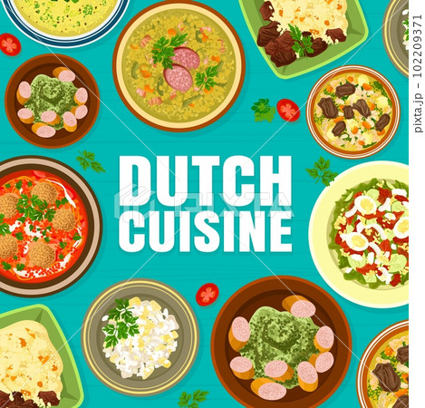 Dutch cuisine cover page template. Pea soup Snert, potato salad and Stamppot with Rookworst, broccoli cream soup, tomato meatball soup and Sudderlapjes, salmon salad Zalmsalade, green soup with herbs 102209371