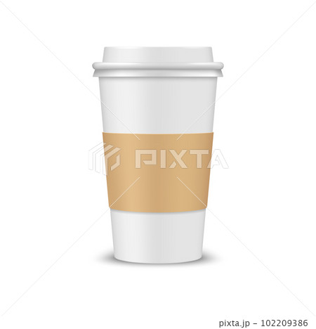 Realistic coffee cup 3d vector mockup, disposable paper container with plastic lid and brown holder. Isolated blank carton takeaway container for cold or hot drink, beverage, coffee or tea mug 102209386
