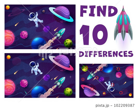 Find ten differences, cartoon astronaut in outer space, galaxy planets and stars kids game vector worksheet. Matching puzzle quiz of fantasy space with futuristic rocket and spaceman in starry sky 102209387