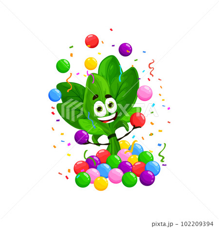 Cartoon funny spinach vegetable character on birthday, anniversary holiday. Birthday greeting cheerful spinach character, anniversary holiday celebration cute vegetable vector personage in ball pit 102209394