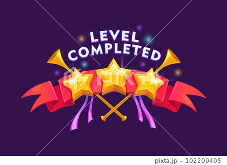 Game level complete badge or icon with golden stars, red banner and trumpets. Isolated ui or gui popup screen asset, button, element for mobile app or game menu interface 102209405