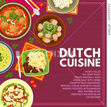 Dutch cuisine menu cover page template. Potato and salmon Zalmsalade salads, broccoli cream soup, Stamppot with Rookworst and tomato meatball soup, potatoes with beef Sudderlapjes, pea and green soup 102209723