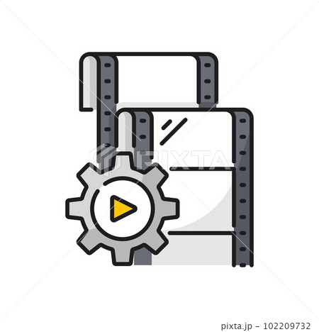Movie film strip, video production icon. Cinematography art, video industry or movie studio outline vector sign. Filmmaking festival simple pictogram with film slide, gear cog wheel and play button 102209732