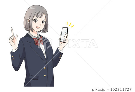 スマホを持って指差ししているブレザー服の女子学生のバナーイラスト 102211727