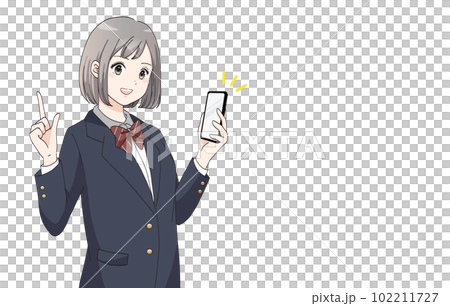 スマホを持って指差ししているブレザー服の女子学生のバナーイラスト 102211727