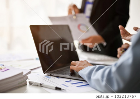 Close-up image of a businesswoman using her laptop during the meeting with her boss. 102213767