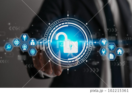 Businessman Hand and Finger Touching Screen and HUD Blue Unock Security Sign 102215361