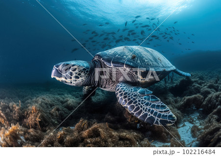 image of a hawksbill turtle swimming under the sea. underwater animals. illustration, generative AI. 102216484
