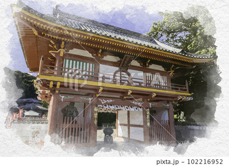 水彩画風　四国八十八箇所2番　極楽寺　仁王門　徳島県鳴門市 102216952