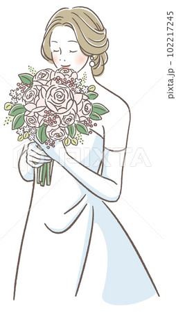 ブーケを持つウェディングドレスを着た女性 102217245