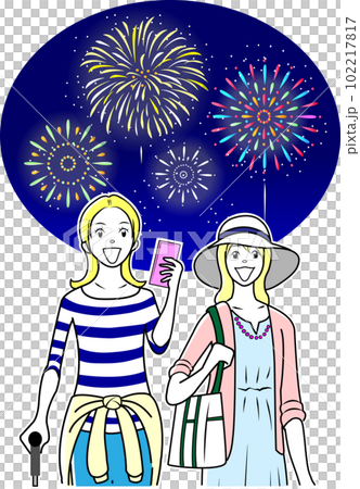 女子旅で花火を見る外国人観光客 102217817