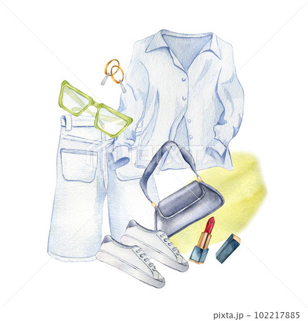 Composition of shirt, shorts, bag, sneakers, sunglasses watercolor illustration isolated on white. Woman's summer outfit hand drawn. Design for shop, sale, magazine, packaging, showcase, pattern 102217885