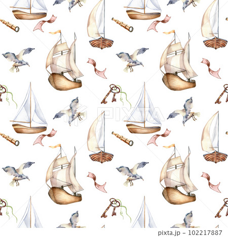 Seamless pattern of sailing boats vintage style watercolor illustration isolated on white. Ship, bird, rusty key hand drawn. Childish design, boy's print, background, textile, wallpaper, packaging 102217887
