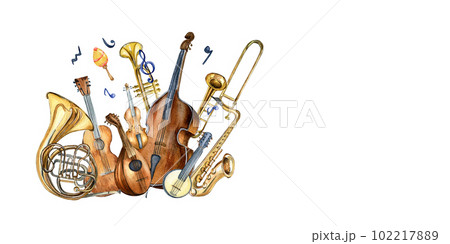 Guitar, violin, contrabass and banjo, mandolin watercolor illustration isolated. 102217889