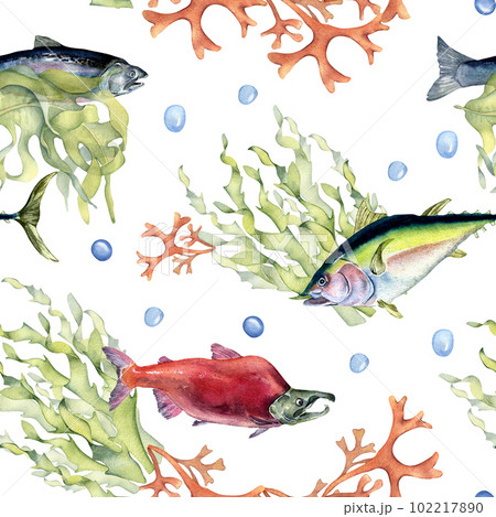 Various wild sea fish seamless pattern watercolor illustration isolated on white. Seaweeds, tuna, salmon, coho, sea plants hand drawn. Design element for textile, packaging, paper, wrapping, banner 102217890