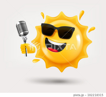 Happy sun emoji with microphone in a hand. 3d vector isolated on white background 102218315