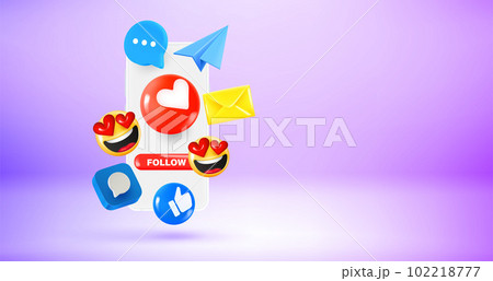 Man holding smartphone with Social media icons and emoji. Vector 3d banner with copy space Man holding smartphone with Social media icons and emoji. Vector 3d banner with copy space 102218777