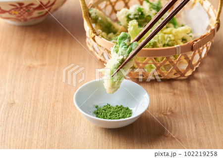 たらの芽の天ぷらを抹茶塩で食す たらの芽の天ぷらを抹茶塩で食す 102219258