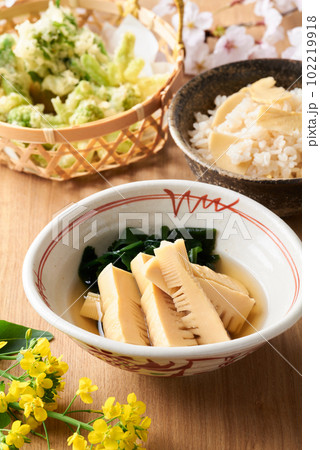 春の料理　筍ご飯　若竹煮　山菜の天ぷら 102219918