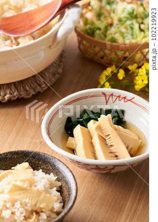 春の料理 筍ご飯 若竹煮 山菜の天ぷら 春の料理 筍ご飯 若竹煮 山菜の天ぷら 102219923