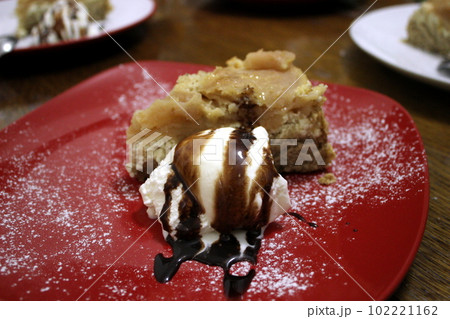 Closeup Photo Of Apple Pie On A Red Plate, Baseball Mit & Ball