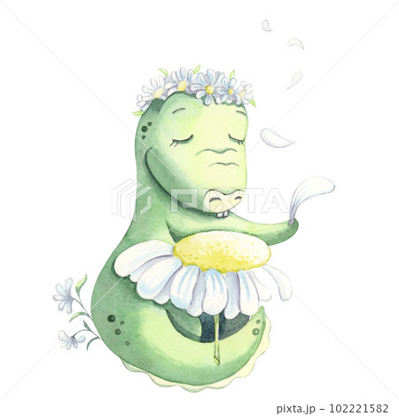 A cute crocodile is guessing on a camomile. Watercolor character. 102221582
