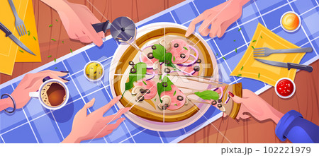 Pizza top view on table with dip sauce vector Pizza top view on table with dip sauce vector 102221979