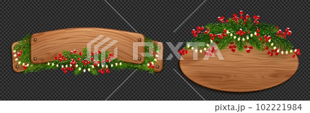 Christmas wood sign board with fir and red berries 102221984