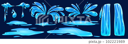 Cartoon set of water splash, drops, waterfall 102221989