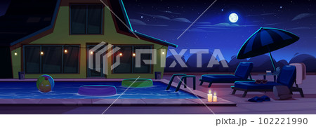 Cartoon beach house with swimming pool at night 102221990