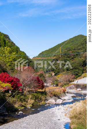 秋の紅葉に映える五家荘　せんだん轟(とどろ)の滝へ行く途中から観える紅葉に染まる景色(八代市泉町) 102222008