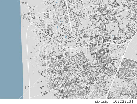 Nouakchott, Mauritania, map. Detailed map of Nouakchott city administrative area. Cityscape urban panorama. Outline map with buildings, water, forest. 102222131