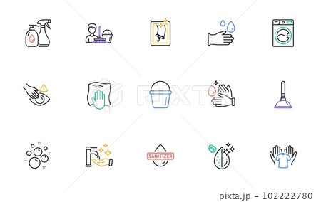 Dont touch, Hand sanitizer and Dirty water line icons for website, printing. Collection of Wash hands, Washing hands, Washing machine icons. Hold t-shirt, Rubber gloves. Vector 102222780