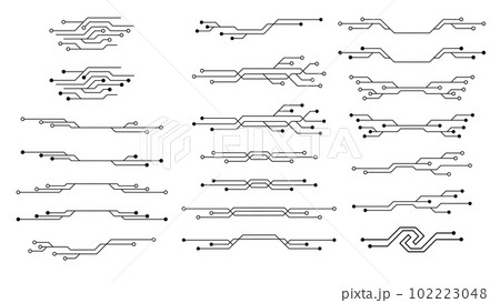 Set of printed circuit board PCB tracks silhouettes isolated on white background. Technical clipart. Dividers for design. Vector element. 102223048