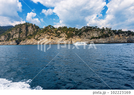 Tourist Ferry in Motion Between Portofino and San Fruttuoso - Liguria Italy Tourist Ferry in Motion Between Portofino and San Fruttuoso - Liguria Italy 102223169