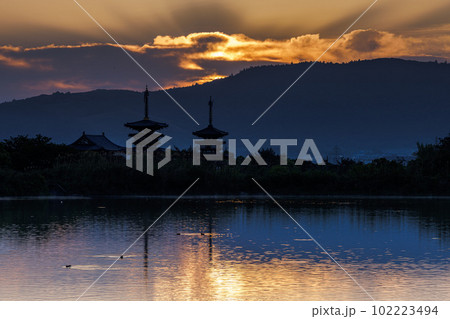日の出を待つ奈良西の京薬師寺　雲間をオレンジ色に染める朝焼けと水鳥 102223494