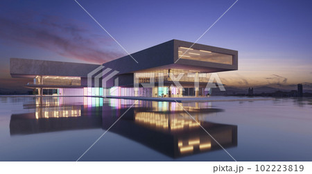 3d modern buildings have colored gradient glass walls with a lake in front 102223819