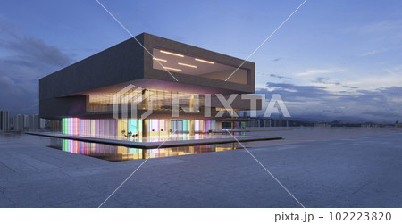 3D modern buildings have colored gradient glass walls with a pond landscaping in front 3D modern buildings have colored gradient glass walls with a pond landscaping in front 102223820