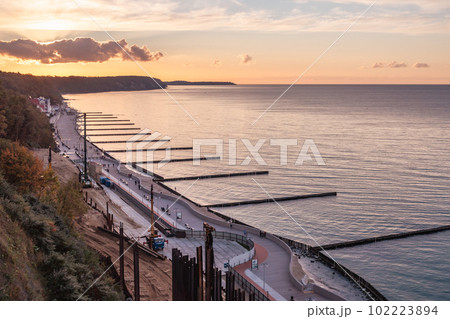 View on beach of Baltic sea in Svetlogorsk at sunset. Kaliningrad region. Russia 102223894