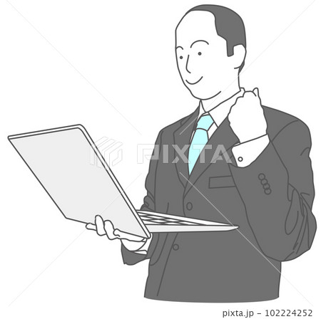 ノートパソコンを持って握り拳のポーズをするスーツを着た男性 ノートパソコンを持って握り拳のポーズをするスーツを着た男性 102224252