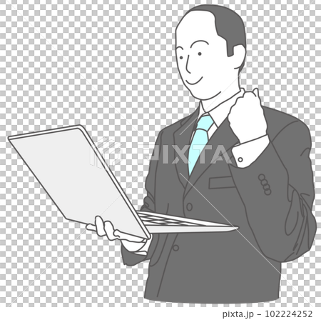 ノートパソコンを持って握り拳のポーズをするスーツを着た男性 ノートパソコンを持って握り拳のポーズをするスーツを着た男性 102224252